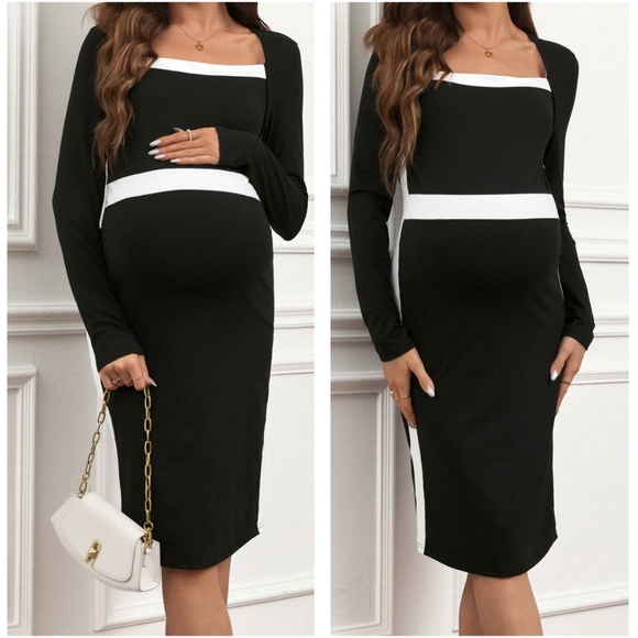 Maternity Color Block Fitted Bodycon Long Sleeve Dress - Picture 1 of 6